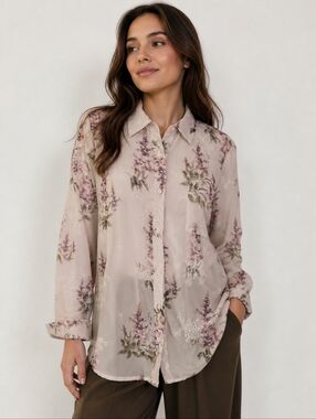 Vtg STARDOM White & Purple Floral Eyelet Sheer Chiffon Cottage Button Down Shirt